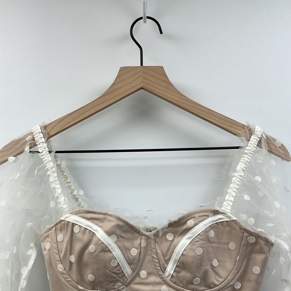 Hello Molly Sunset Polka Dot Mesh Sweetheart Corset Crop Top Preppy Beige 4 - Picture 5 of 12